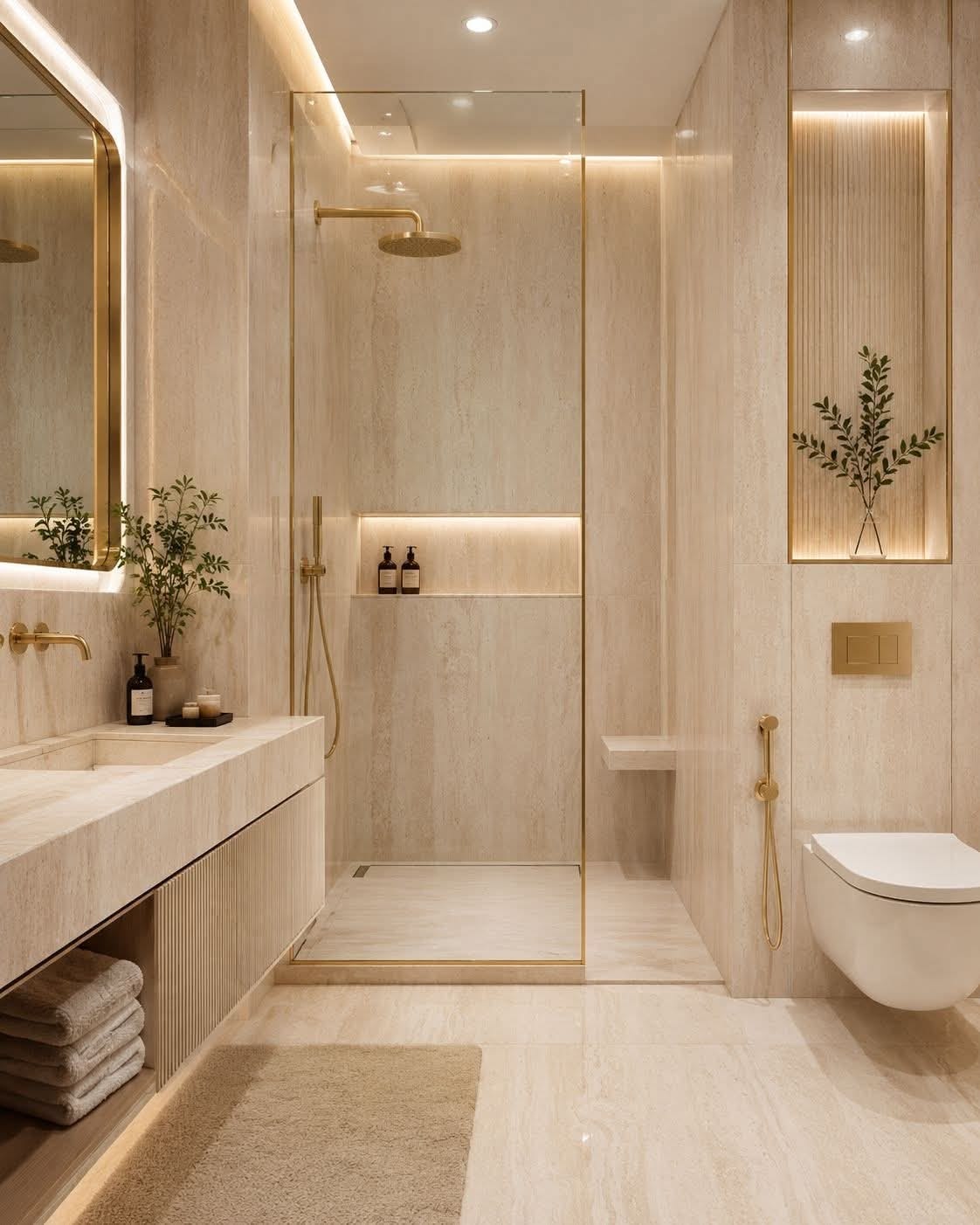 Spa-Inspired Luxury Bathroom with Large-Format Porcelain Slabs & Brass Fixtures #6